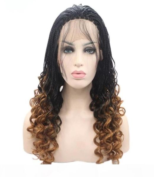 Hochwertige ombre braune Haare kurze lockige Zöpfe Perücke 16quot Afrika Frauen Stil Box Braid Perücke vollsynthetische Lace Front Perücken mit 8037984