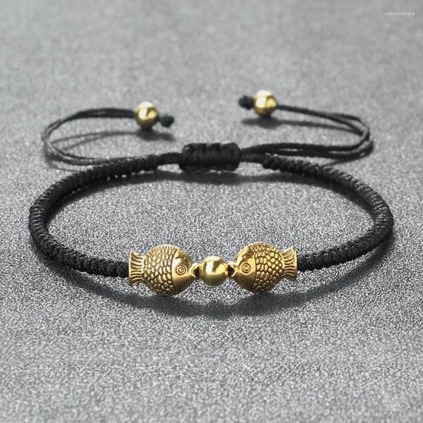 Link pulseiras artesanal bonito duplo peixe pingente feminino ajustável preto fio de náilon tecer pulseira casais amizade oração jóias