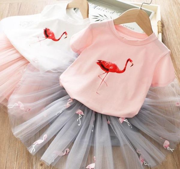 Çocuk Tasarımcı Giysileri Kızlar Flamingo T Shirts Mesh Etekler 2pcs Setler Butik Kız Tutu Etek Takımları Yaz Kids Giyim DHW40319209321