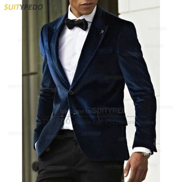 Giacche Blazer di velluto blu navy per uomo Moda Slim Fit 2 bottoni Giacca da abito 2023 Luxury Prom Business Wedding Tuxedo Coat 1 pezzo