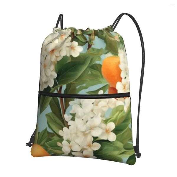 Mochila flores de laranja e folhagem portátil mochilas saco de cordão casual pacote bolso sacos de armazenamento para estudantes da escola