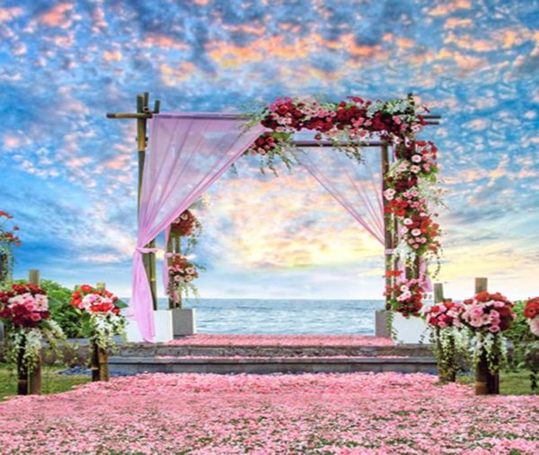 Belo céu nuvens ao ar livre cênica verão praia cenários de casamento vinil romântico pétalas rosa tapete rosas vermelhas pografia estúdio 1967263