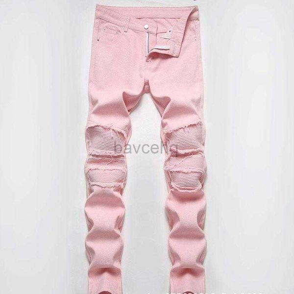 Herrenjeans Herrenjeans High Street Ripped Patch Pink Herren Frühling Sommer Casual Whiskers Straight Denim Hosen für MännerHerren 240308