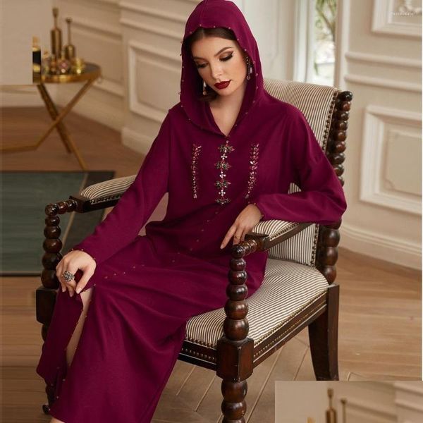 Roupas étnicas Escuro Vermelho Diamante Ornamento Estilo Marroquino Oriente Médio Costurado à Mão Robe Abaya Muçulmano Womens Drop Delivery Dh7Ar