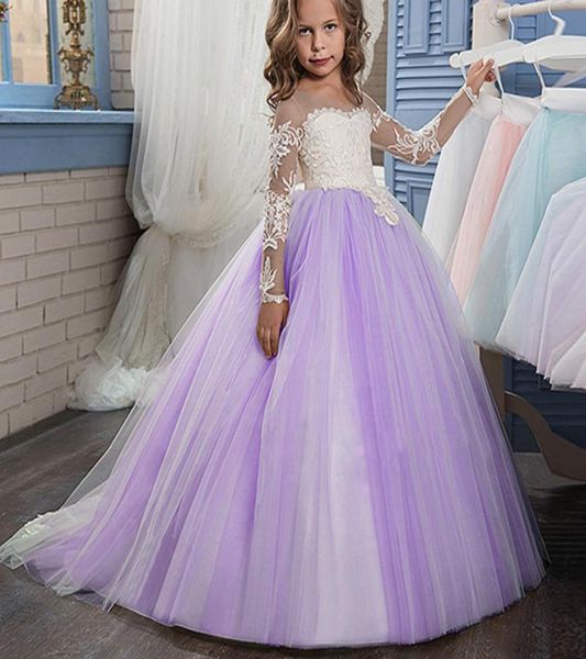 Spettacolo viola carino manica lunga principessa abito pizzo fiore ragazza abiti per la festa Lolita pavimento lunghezza fatto a mano bambini ballo di fine anno 8783338