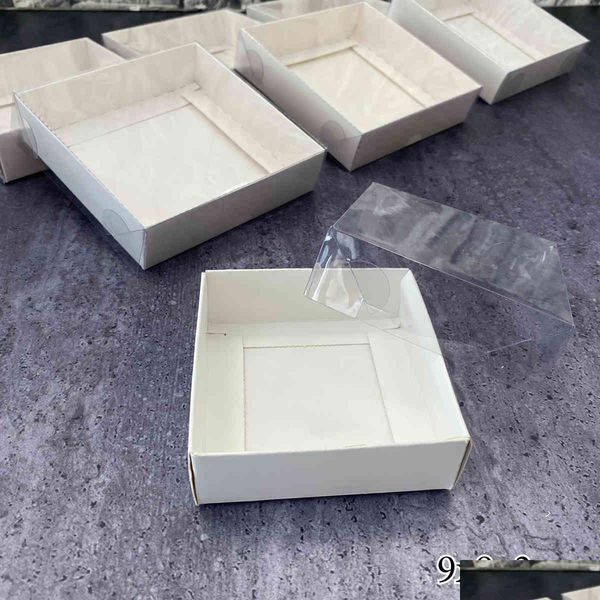 Envoltório de presente Bolo Branco Caixa de Presente Embalagem de Papelão Clear Pvc Janela Transparente Tampa Cookie Doces Roupas de Casamento Vestido Convidados Caixas 210 Dhrg1