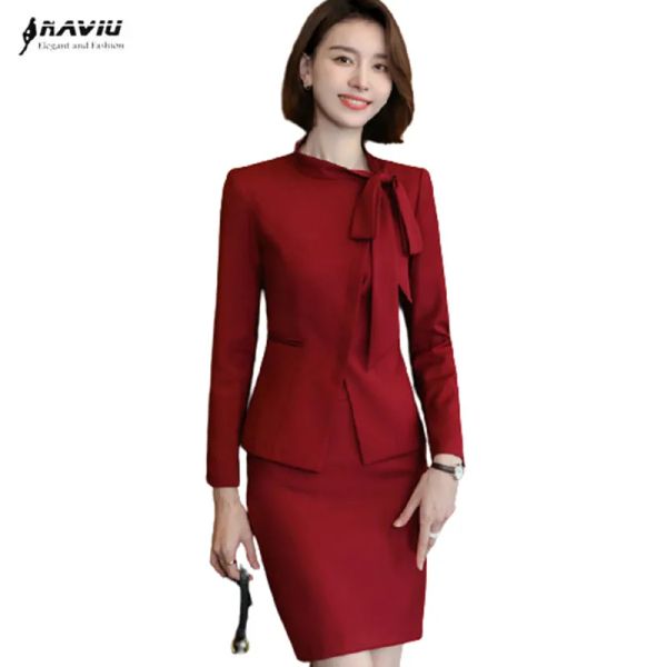 Ternos vermelhos ternos femininos high end novo negócio moda temperamento arco design manga longa formal blazer e saia escritório senhoras trabalho wear