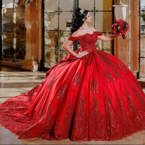 Rotes Quinceanera-Kleid mit glitzernden Pailletten und Applikationen, Ballkleid, schulterfrei, Schleife, Prinzessin für die süße 15. Geburtstagsparty 326 326