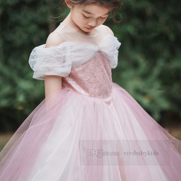 Mädchen Pailletten Stickerei Performance Kleid Sakura rosa Dornröschen Prinzessin Kleidung Kinder Tau Schulter Spitze Tüll lange Kleider Z7022