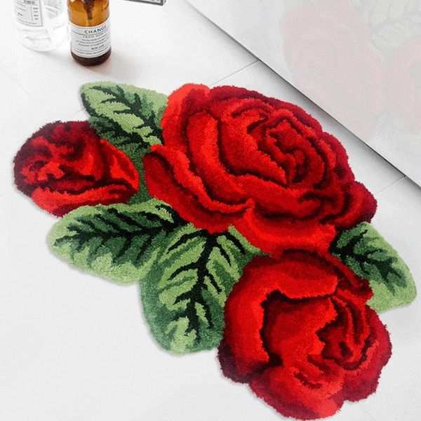 Tapetes Adorável Rose Tufting Tapete Anti-Slip Bath Mat 80x60cm Plush Fluffy Tapete Quarto Sala de estar Decoração Chão Capacho Drop