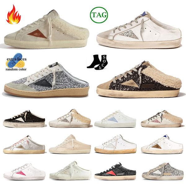 2024 di alta qualità basso glitter sabot cursori dorati uomo donna super stelle fanno vecchie pantofole goldenstars designer diapositive di pelliccia mocassini piattaforma sandali casual di lusso