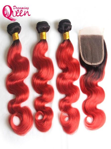 T1B Kırmızı Vücut Dalga Ombre Brezilyalı Bakire İnsan Saç Örgü Ekseni, 4x4 Ağartılmış Knots ile 3 Paket Bebek Hair ile Dantel Kapatma 6920424