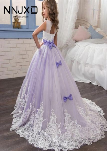 Elegante abito da principessa per ragazze Matrimonio Viola Tulle Pizzo Abito lungo per ragazza Spettacolo per feste Damigelle d'onore Abito formale per ragazze adolescenti T23120553