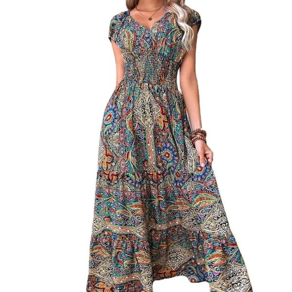 Vestido floral de cintura alta estilo casual feminino com decote em v robe grande taille femme vestido de noite modesto