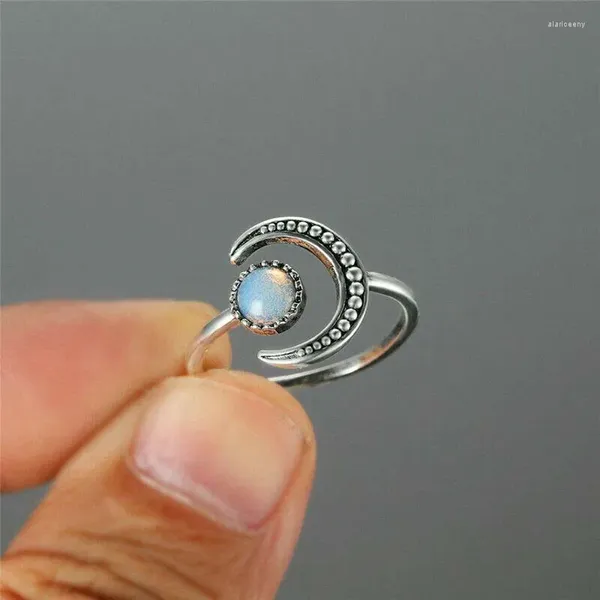 Anelli a grappolo Anello aperto vintage in argento color stella luna con pietra zircone per le donne Gioielli da sposa con dito in pietra di luna con lucentezza di metallo di moda