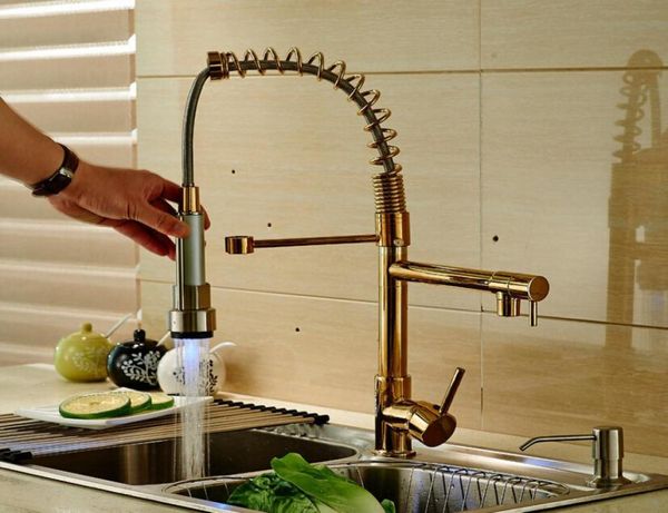 LED Golden Deck Mounted Kitchen Faucet Spring Sink Mixer Tap Single Handle5841041