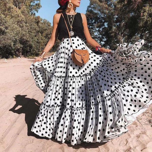 Etekler ev yuvası moda kadın polka dot baskılı etek rahat yüksek bel gevşek kıvrımlı yataklı ayak bileği uzunluğu