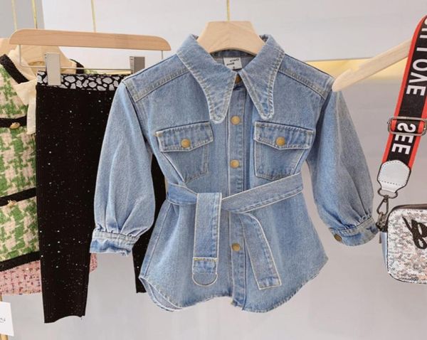 Kızlar jean elbiseler çocuklar yaka uzun kollu rahat denim elbise çocuklar tek göğüslü kemer kovboy elbise moda sonbahar kız kıyafetler 2341118