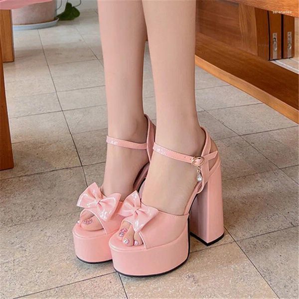 Sandálias Pxelena elegante 5 cores doces mulheres super salto alto plataforma arco nó vestido de festa sapatos de casamento 2024 verão rosa azul