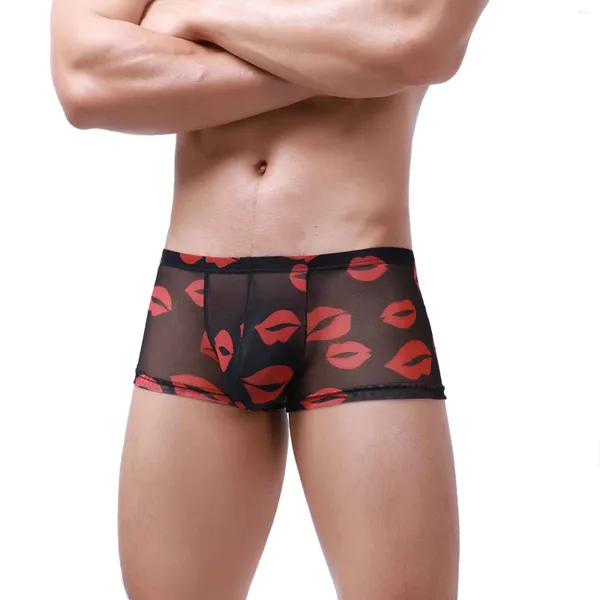 Cuecas dia dos namorados boxers roupa interior sexy lábios vermelhos impressão gaze underpant cintura baixa u-convexo boxershorts sissy calcinha hombre