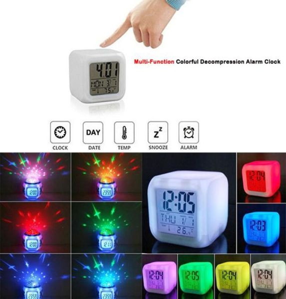 7 Renk Led Değişimi Dijital Parlayan Çalar Saat Gece Işık Yatak Odası Çocuk Dijital Çalar Saat Elektronik Gadgets2677115