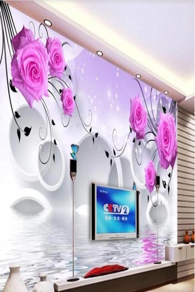 Papel de parede 3d personalizado po murais rosa reflexões na parede de fundo do círculo 3d tv decoração arte de parede pictures6533004