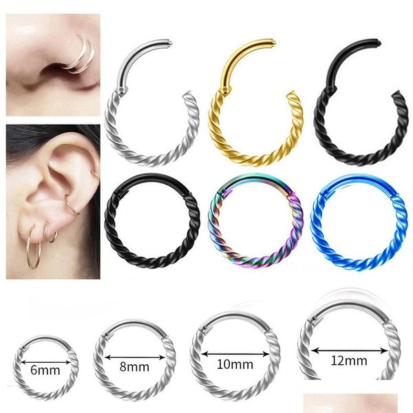 Anelli da naso Borchie 1Pc Acciaio inossidabile Twist Hoop Orecchini ad anello Orecchini a cerniera Segmento Setto Clicker Labbro Helix Piercing Gioielli Goccia D Dhdyg