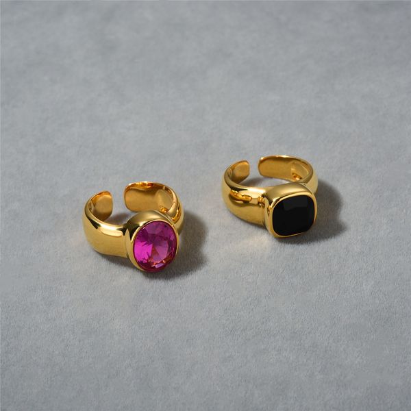 Anello ovale con diamante rosa viola di tendenza della personalità europea e americana con anello aperto quadrato con pietra preziosa nera retrò di fascia alta (regolabile liberamente)