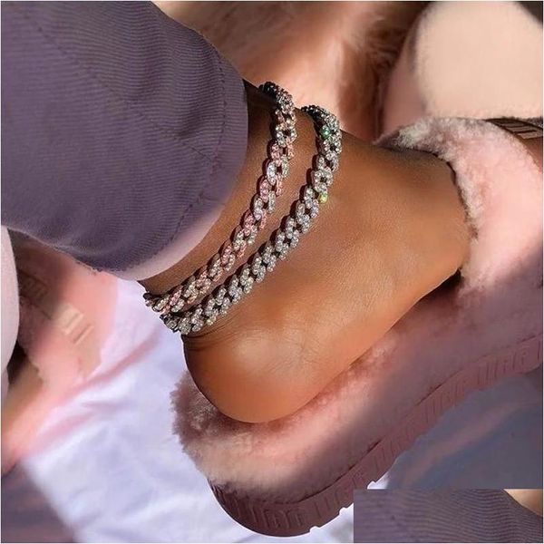 Tornozinhos Hiphop 9mm Iced Out Bling CZ Miami Chain Chain Link Anklet rosa Rosa Pink Sier Color Women Fashion Jewelryanklets Drop Dhgkj