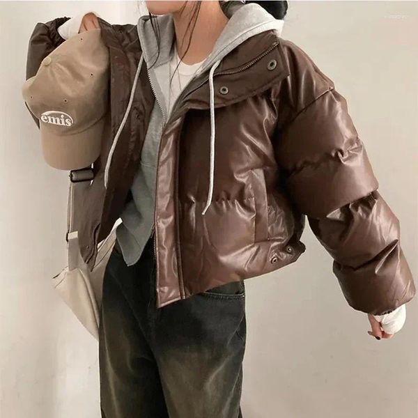 Mulheres Trench Coats Outono Inverno Couro Parkas Mulheres Moda Gola Elástica Punhos Acolchoados Jaquetas