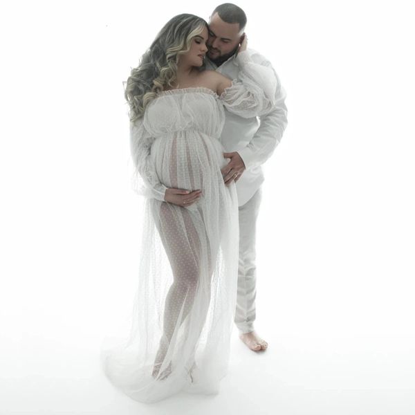 Длинные платья для беременных в сетку в белый горошек, прозрачное платье макси с рукавами-фонариками большого размера для беременных Po Shoot 240301