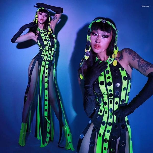 Abbigliamento da palco Tuta con nappa verde fluorescente Cantante Ballerino Costume da performance Jazz Gogo Abbigliamento da ballo Party Rave Outfit