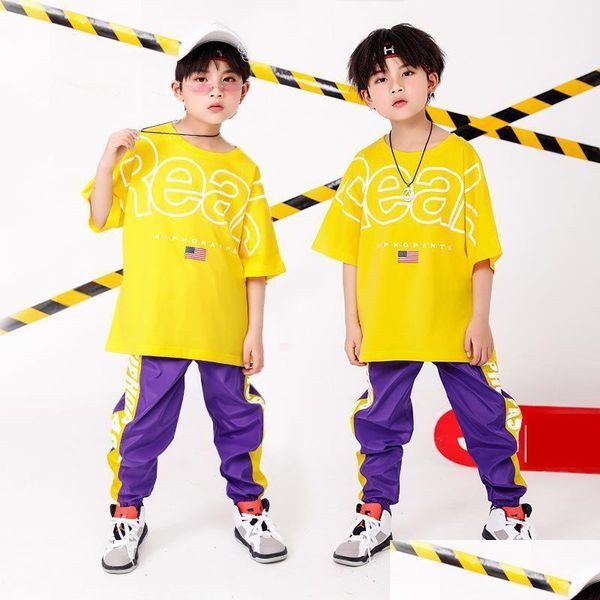 Kleidung Sets Bühne Tragen Gelb Mädchen Jungen Hip Hop Tanz Kleidung Für Kinder Jazz Ballsaal Tanzen Kostüme T Shirt Tops jogger Hosen FA DH9CW