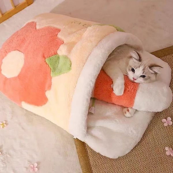 Japanisches Sakura warmes Katzenbett, Katzenschlafsack, tiefer Schlaf, Winter, Hundehütte, Katzennest, Kissen mit Kissen, abnehmbare Haustierprodukte, 240226