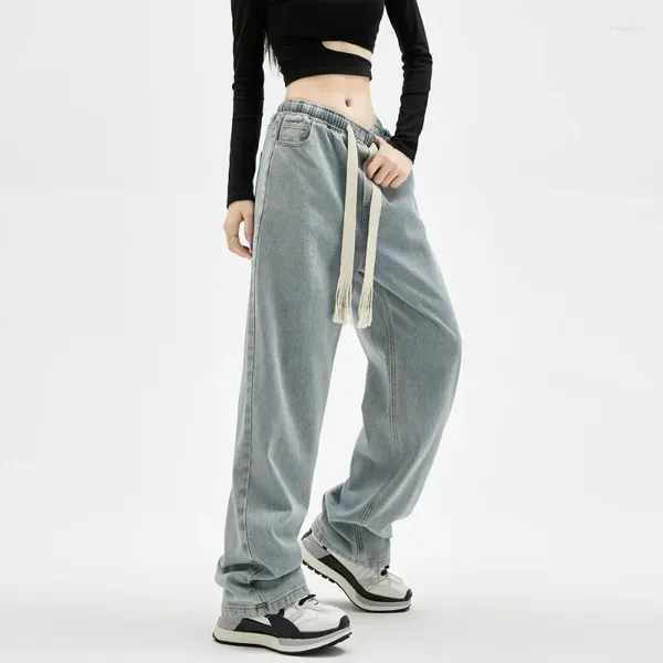 Jeans da donna Primavera Autunno Coulisse Arricciatura Elastica a vita alta con tasche solide Pantaloni larghi casual a gamba larga