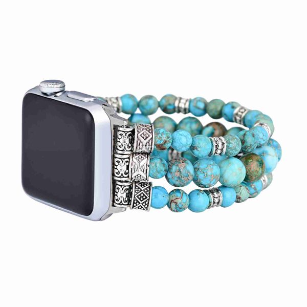 Bande Guarda Bohemia Luxury Purple Flower Imperatore Turquoise Stone per Watch Band Women Wristband Iwatch Series 7 6 5 4 3 Accessori della banda di guardia 240308