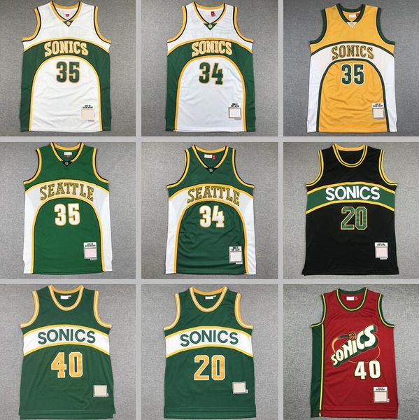 Basketbol Jersey Kevin Durant Shawn Kemp Gary Payton Ray Allen Beyaz Sarı Yeşil Klasikler Retro Jersey Erkek Kadın Gençlik S-XXL Sport Forması