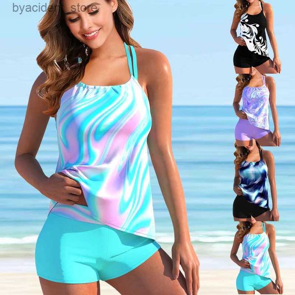 Mulheres Swimwear Mulheres Moda Gradiente Dazzour Halter Swimwear Duas Peças Maiô Imprimir Top Natação Maiô Swimdress Tankini S-6XL L240308