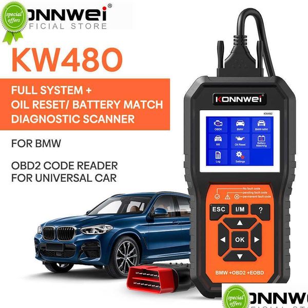 Диагностические инструменты Новый Konnwei Kw480 Obd2 сканер для автомобилей Obd 2 Abs Airbag Srs Oil Rest Fl Systems Диагностический инструмент Батарея Match E38 E4 Dhkky