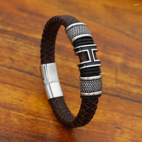 Charme Pulseiras 12mm de largura trançada pulseira de couro genuíno vintage para homens 316 contas de aço inoxidável com fecho magnético