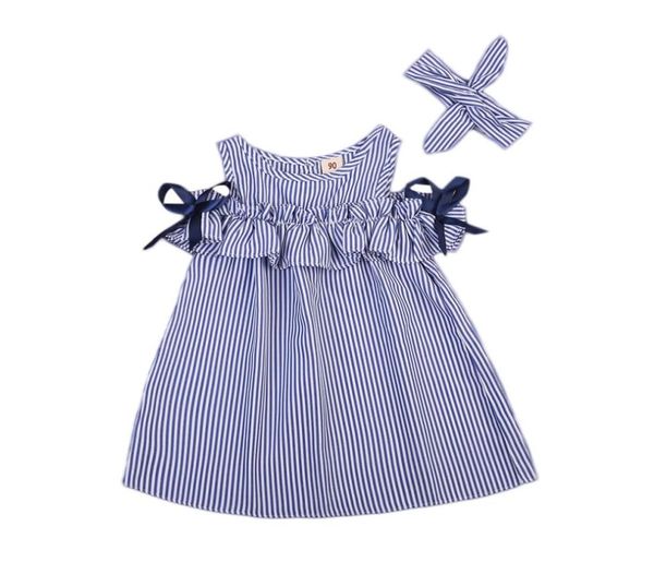 Neue Sommer Kleinkind Kinder Baby Mädchen Schöne Kleidung Blau Gestreiften Off-shoulder Rüschen Party Kleid Formale Kleider8856920