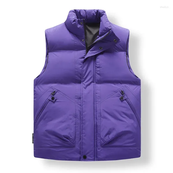 Coletes masculinos moda colete sólido homens casual sem mangas jaqueta parkas quente grosso colete bolso outwear roupas coreano roxo