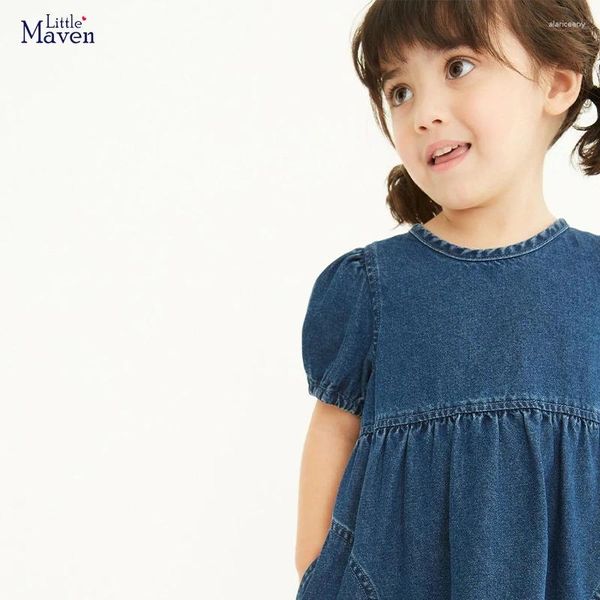 Mädchenkleider Little Maven Kinderkleidung Mädchen Denim Volltonfarben Kinder Kurzarm O-Ausschnitt Lässiges Taschenkleid