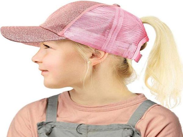 Детская блестящая бейсболка с хвостиком и блестками Бейсбольная шляпа Простые кепки с козырьком для девочек Летние шапки с грязной булочкой Регулируемый хип-хоп Snapback GGA35368205130