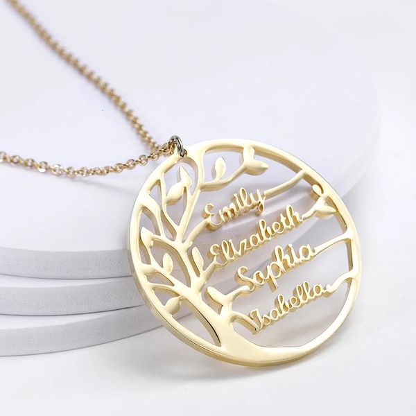 Colar personalizado de árvore genealógica com nome para mulheres, colar personalizado de aço inoxidável dourado, joia de declaração, presente de natal 240301