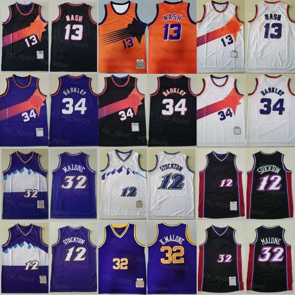 Maglia da basket vintage Malone 32 Steve Nash 13 Charles Barkley 34 John Stockton 12 Retro Viola Nero Bianco Arancione Ritorno al passato Ed Big Team