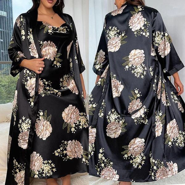 Mulheres sleepwear plus size feminino longo robe camisola conjunto verão cetim quimono roupão vestido solto impressão flor casa vestido lounge wear