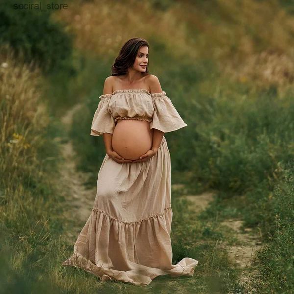 Umstandskleider Damen Boho Zweiteiliges Set Umstandskleider für Fotoshooting Bequemes Leinen-Baumwoll-Vintage-Oberteil und Rock Schwangerschaftskleidung L240308