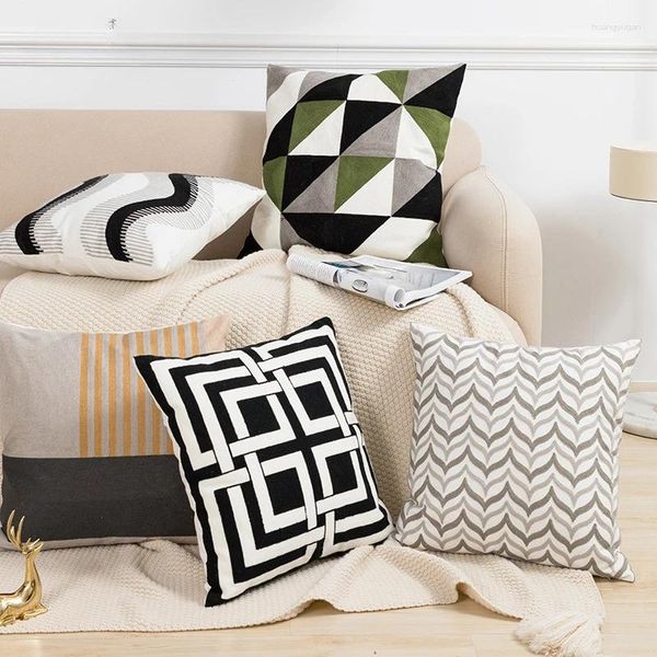 Capa de almofada lombar bordado algodão nórdico lona personalidade arte geométrica tendência fronha quarto sofá decoração casa