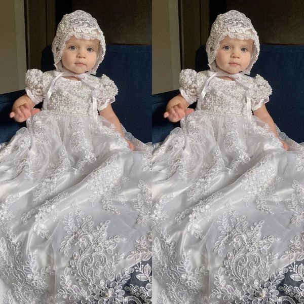 Spitzen-Taufkleid für Babys, kurzärmelig, Erstkommunionkleid für Kleinkinder, Mädchen, Taufkleider mit Haube 240306